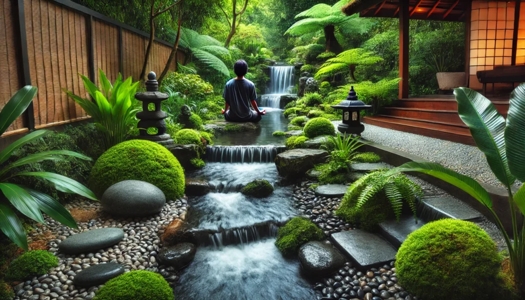 A Zen-inspired garden with a person meditating near a small waterfall, surrounded by lush greenery, smooth stones, and flowing water, creating a harmonious mindfulness setting.