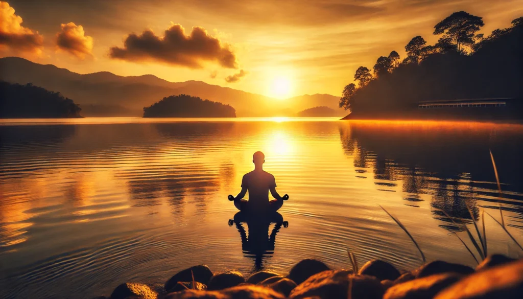 A peaceful lakeside meditation scene at sunset with a person sitting in a lotus position, with the reflection of the golden sky on the lake adding to the sense of tranquility.