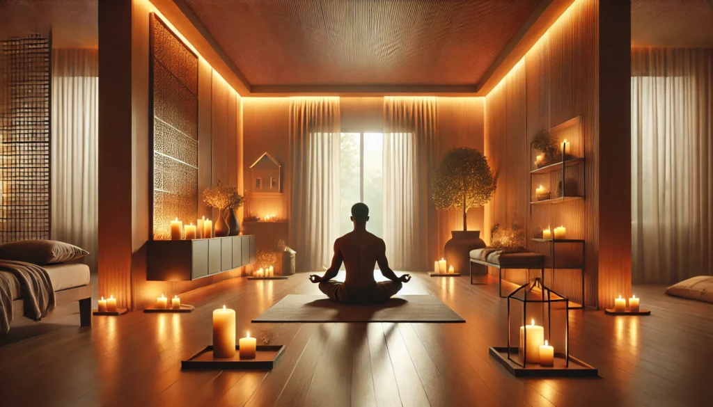 A tranquil indoor meditation space with soft candlelight and a person in a relaxed posture, featuring a warm, minimalist decor to enhance peace and relaxation.