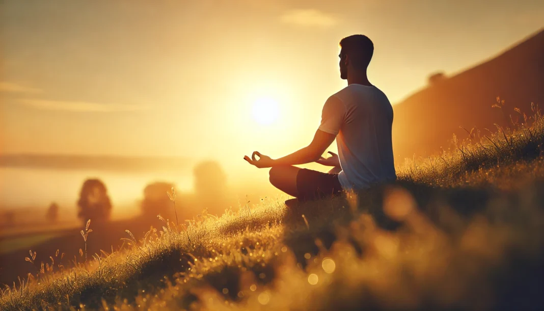 A serene outdoor meditation scene at sunrise with a person sitting cross-legged on a grassy hill, surrounded by soft golden light, symbolizing calm and mental clarity.