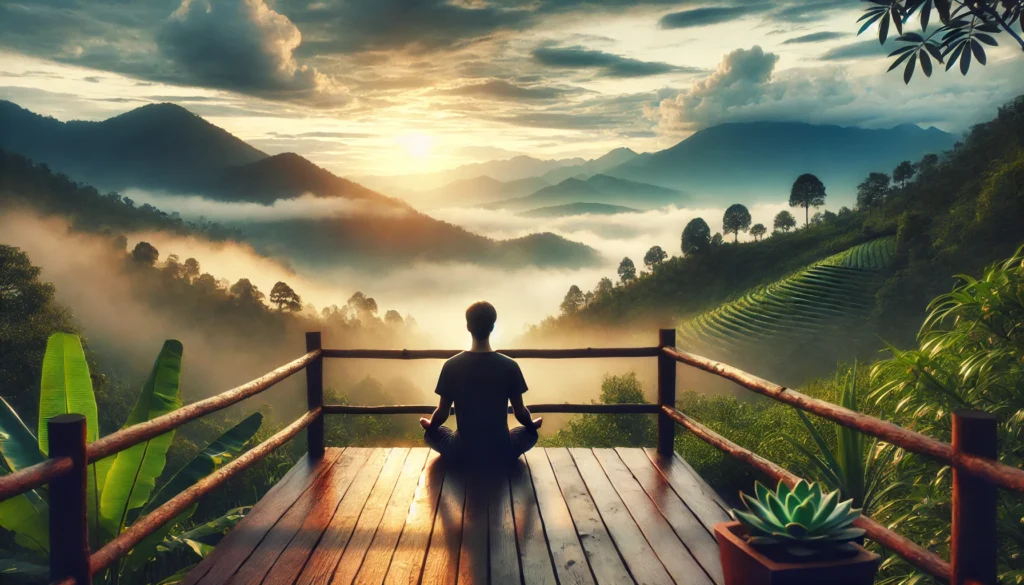 A tranquil nature setting with a person meditating on a wooden deck overlooking a misty mountain range, embodying deep relaxation and enhanced concentration.