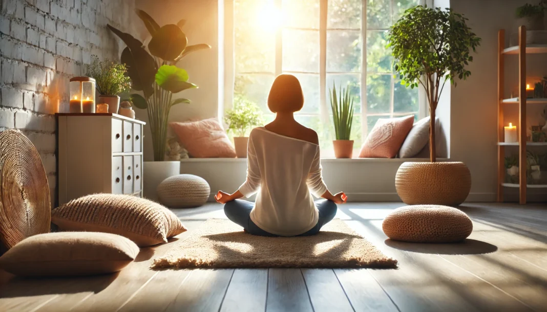 A peaceful morning meditation scene with a person sitting cross-legged in a bright room filled with natural light, featuring soft cushions and indoor plants to promote mindfulness and focus.