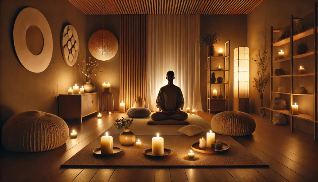 A calming indoor meditation space with a person sitting on a cushion in a dimly lit room, surrounded by candles and soft lighting, evoking deep relaxation and mental clarity.