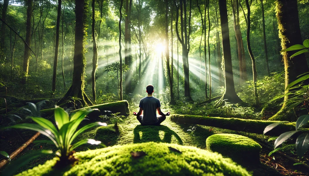 A peaceful meditation scene in a lush green forest with a person sitting cross-legged on a mossy ground, bathed in sunlight filtering through the trees, creating a calming and stress-relieving atmosphere.