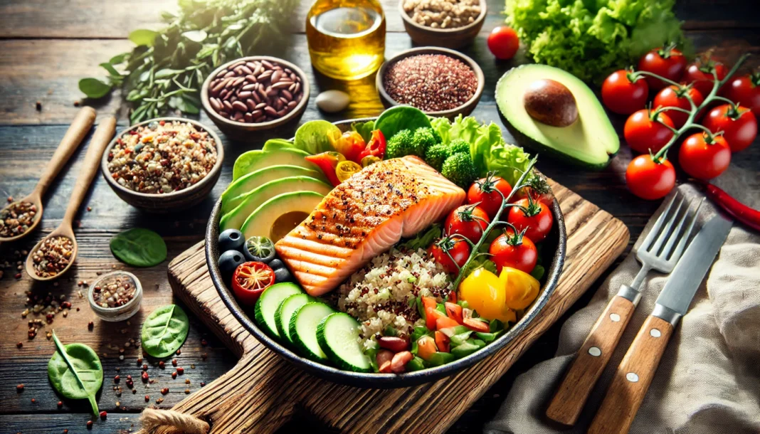 A high-energy meal for athletes featuring grilled salmon, quinoa, avocado, and a variety of colorful vegetables, arranged on a wooden table with natural lighting enhancing the freshness.