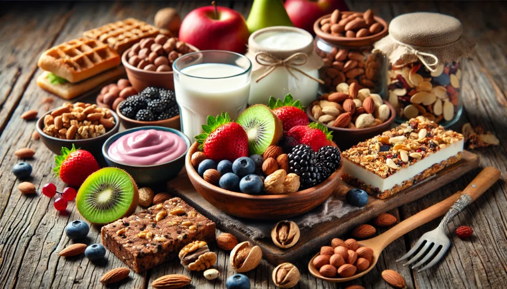 An assortment of healthy snacks for athletes, including mixed nuts, fresh berries, yogurt, and energy bars, neatly presented on a rustic wooden table in a warm setting.