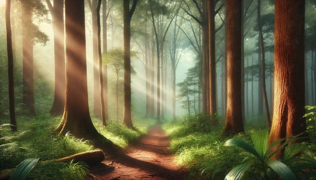 A tranquil forest pathway winding through tall, misty trees with gentle sun rays filtering through the branches, casting a warm glow on the forest floor for a peaceful and reflective ambiance.
