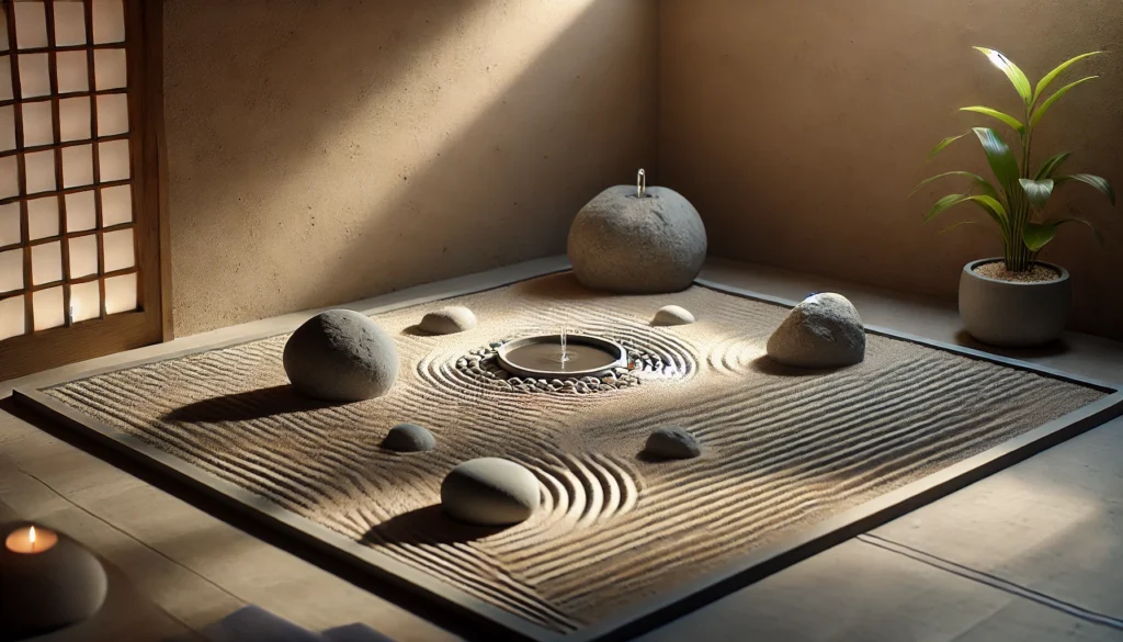 A peaceful Zen garden with smooth raked sand, carefully placed stones, and a trickling water fountain under soft ambient lighting, embodying a calming and meditative atmosphere.