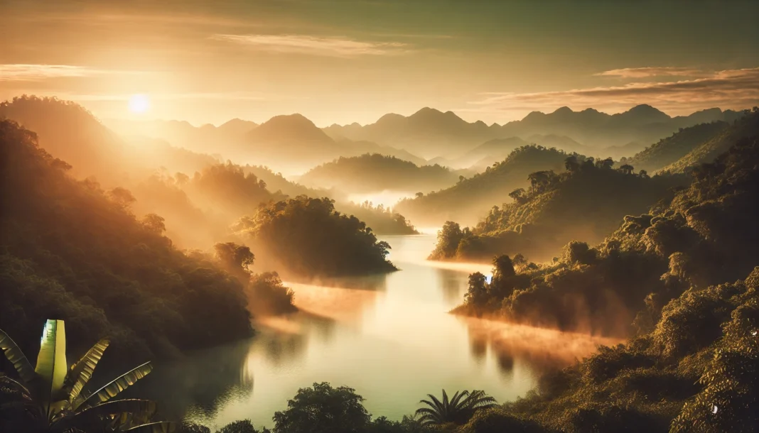 A serene landscape with a tranquil lake surrounded by lush greenery and distant mountains at sunrise, with a soft mist hovering over the water, evoking deep relaxation and mindfulness.