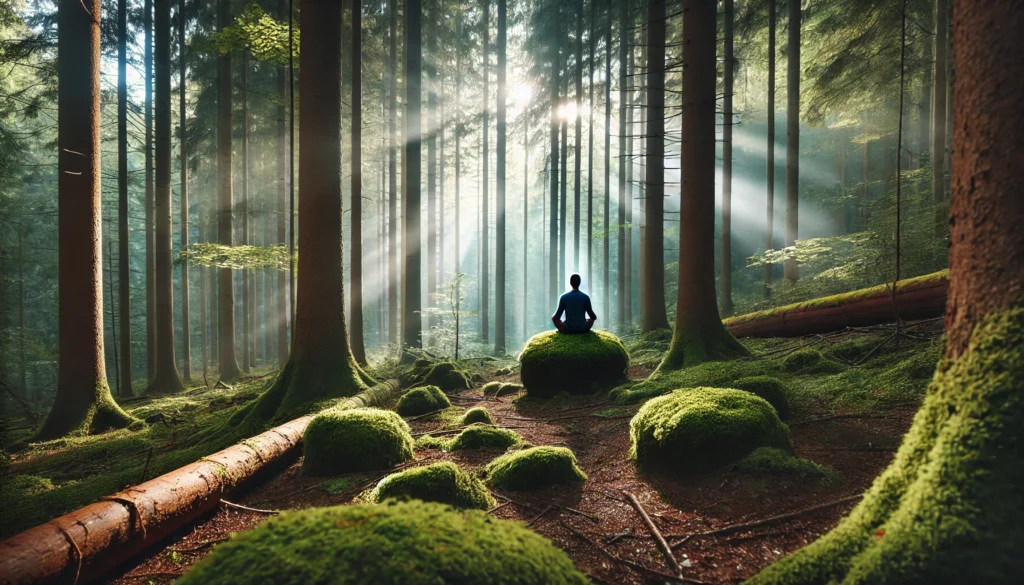 A tranquil forest meditation setting featuring a person sitting on a moss-covered rock, surrounded by towering trees with soft rays of sunlight filtering through the leaves, enhancing deep mindfulness and awareness.