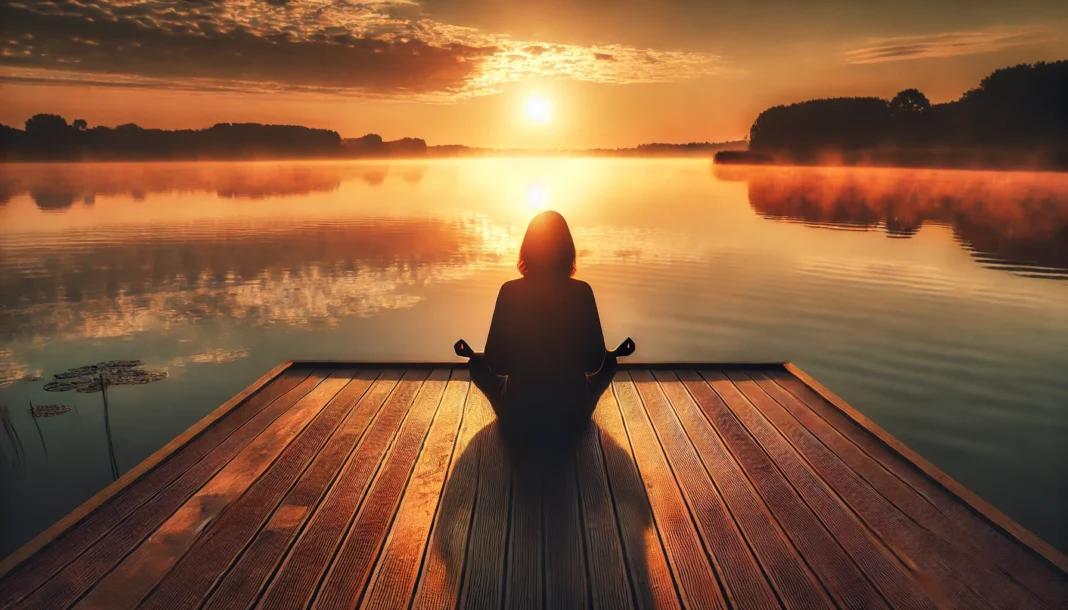 A serene meditation scene at sunrise with a person sitting cross-legged on a wooden deck overlooking a calm lake, with mist hovering over the water, evoking a peaceful and mindful atmosphere.