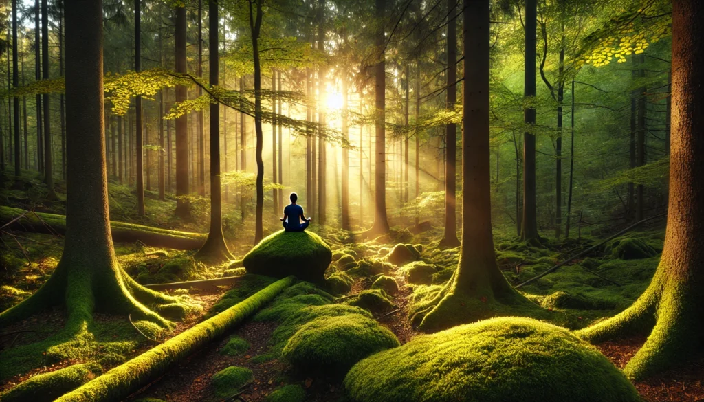 A tranquil forest meditation scene featuring a person meditating on a moss-covered rock, surrounded by tall trees with golden sunlight filtering through the leaves, creating a serene and mindful atmosphere.