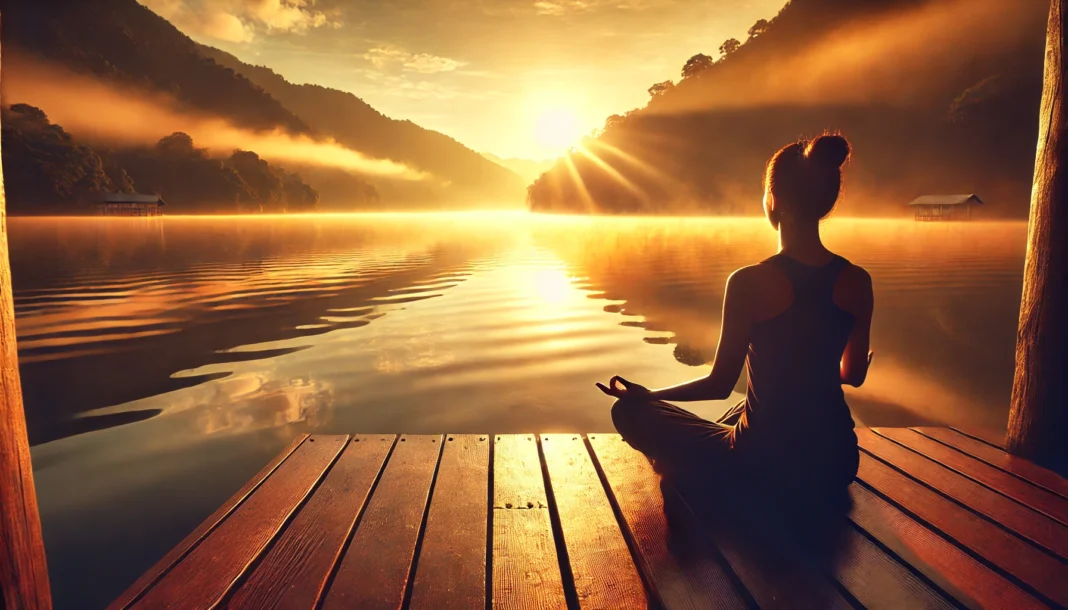 A peaceful sunrise meditation scene with a person sitting cross-legged on a wooden deck overlooking a calm lake, mist rising above the water, reflecting the golden hues of the morning sun, evoking deep relaxation.