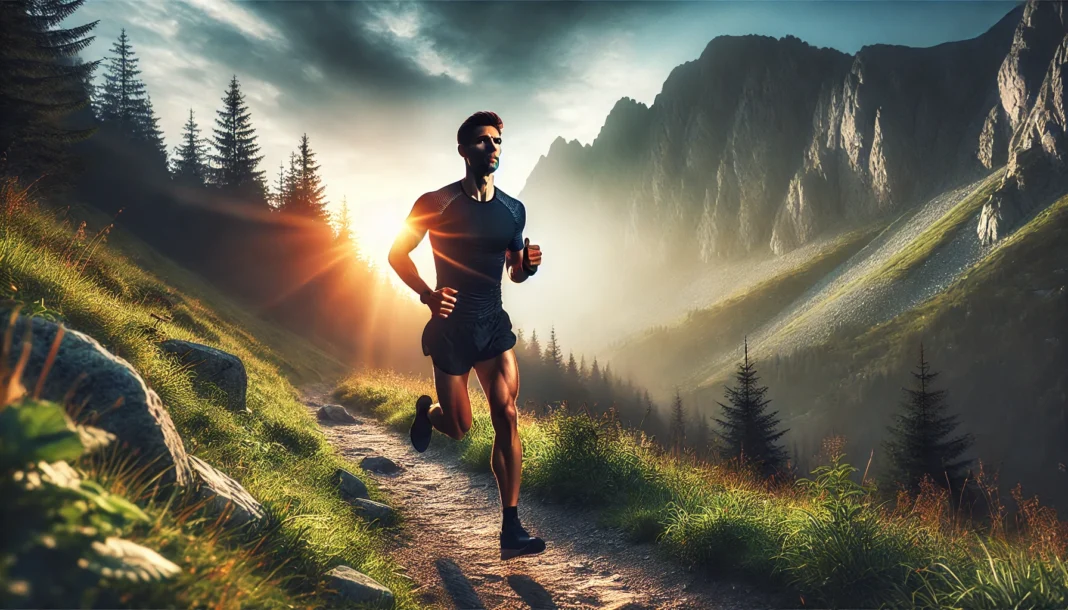 A high-performance endurance athlete running on a scenic mountain trail at sunrise, showcasing energy, stamina, and natural movement against a dramatic backdrop of towering peaks.