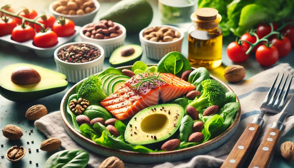 A close-up of a nutrient-dense keto-friendly meal for endurance athletes, featuring grilled salmon, avocado, nuts, and leafy greens, highlighting optimal nutrition for sustained performance.