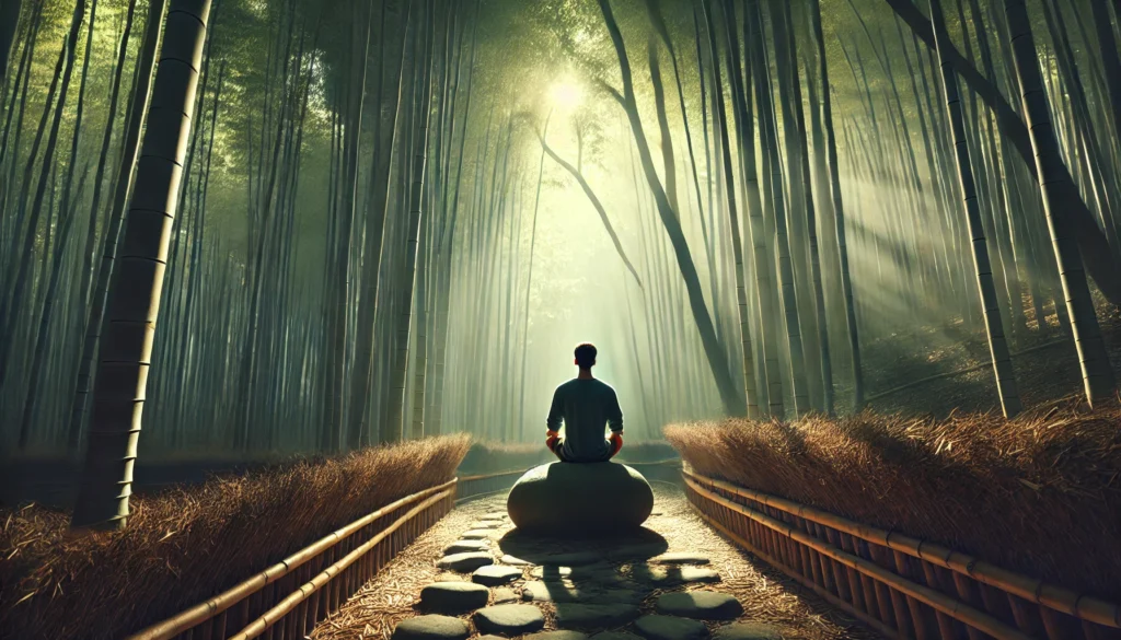 A serene meditation scene in a dense bamboo forest, where a person sits in deep concentration on a smooth stone, with sunlight filtering 