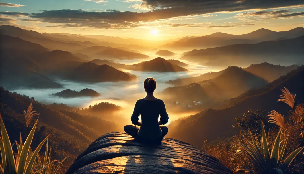 A tranquil meditation scene in a mountain setting during sunrise, featuring a person sitting cross-legged on a rock ledge overlooking misty valleys, bathed in golden light, enhancing the sense of mindfulness and deep awareness.