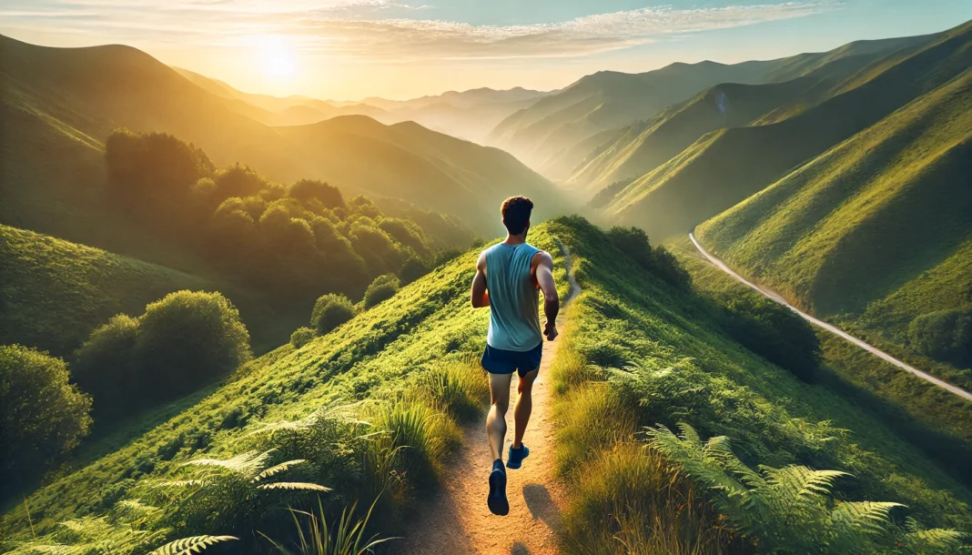 A scenic trail runner in the early morning, surrounded by lush green hills, emphasizing endurance and the energy benefits of a keto-adapted lifestyle.