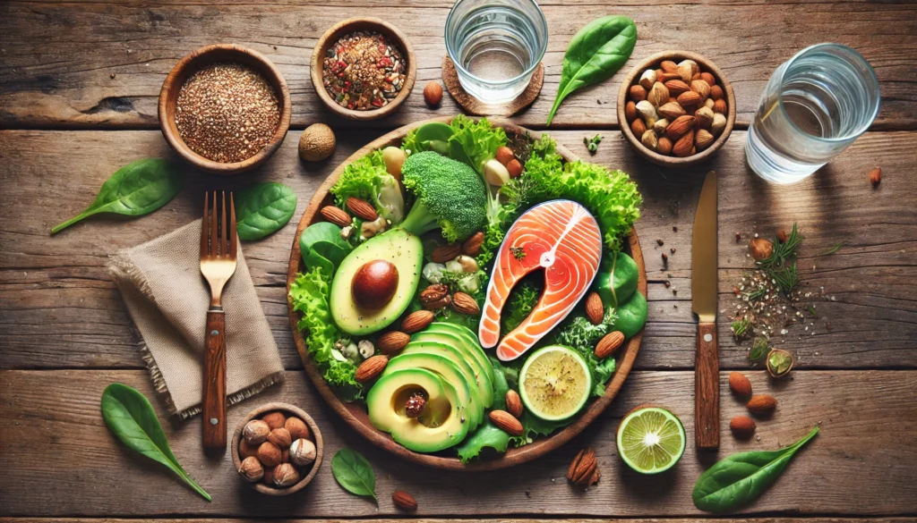 A top-down view of a keto-friendly runner’s meal, featuring salmon, avocado, nuts, and leafy greens, highlighting optimal nutrition for endurance athletes.