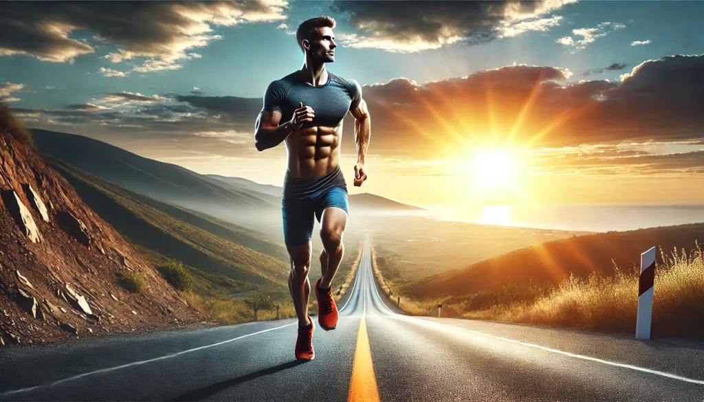 A fit and energetic runner on an open road at sunrise, symbolizing stamina, vitality, and the sustained energy provided by a ketogenic diet.