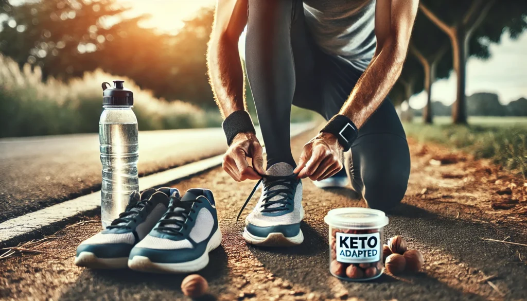 A close-up of a runner tying their shoes before a long-distance run, with a water bottle and keto-friendly snacks beside them, representing preparation and focus.