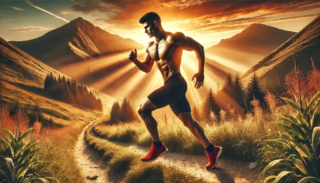 A high-performance athlete running on a scenic mountain trail at sunrise, showcasing endurance, energy, and peak physical fitness fueled by a ketogenic diet.