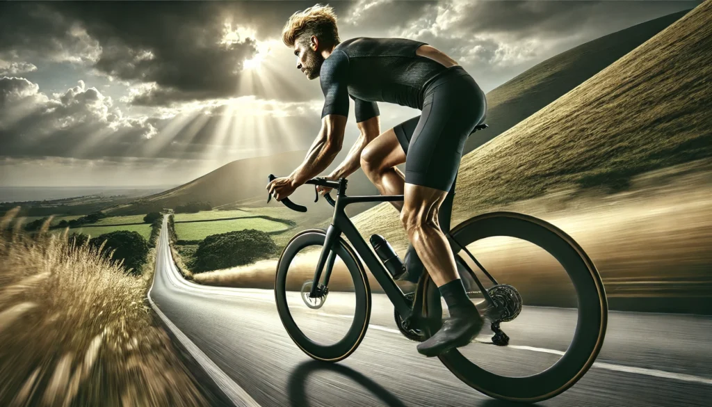 A cyclist in peak physical condition riding on an open road with rolling hills, symbolizing endurance, power, and the benefits of a ketogenic lifestyle.