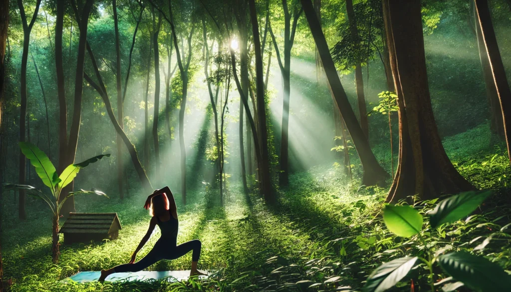 A peaceful yoga practice in a lush green forest, where a person is engaged in a gentle stretching pose, bathed in soft sunlight filtering through the trees, enhancing relaxation and mindfulness.