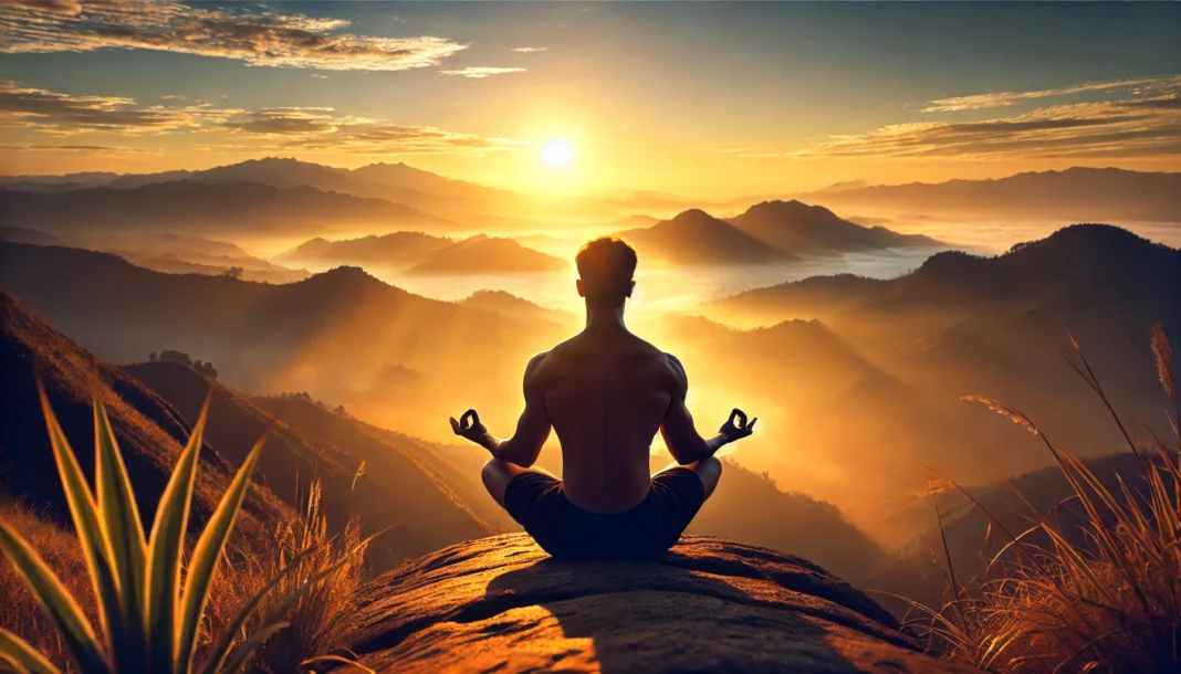 A serene yoga session at sunrise on a mountaintop, featuring a person in a meditative lotus pose, surrounded by misty valleys and warm golden sunlight, evoking peace and mental clarity.