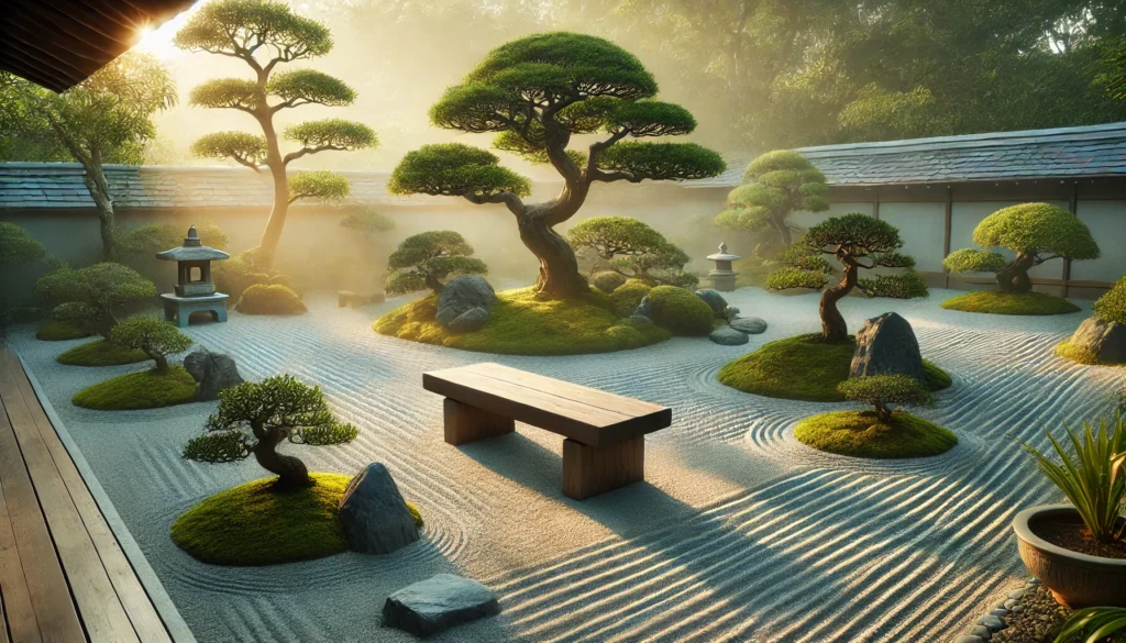 A serene Zen garden with a stone meditation bench surrounded by meticulously raked sand and bonsai trees, with mist and soft sunlight enhancing the tranquility.