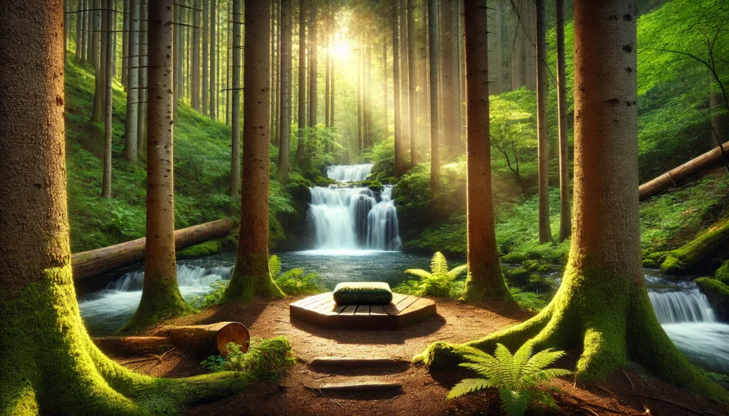 A tranquil forest clearing bathed in soft sunlight, featuring a meditation spot with a cushion surrounded by gentle waterfalls and lush green foliage, evoking relaxation.