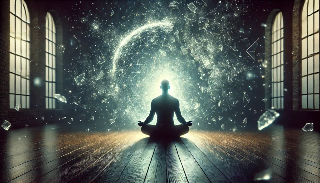 A solitary figure meditating in a darkened room, surrounded by an ethereal glow. The fragmented glow symbolizes the potential risks of dissociation and detachment from reality during deep meditation.