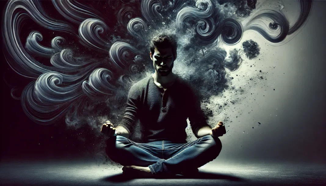 A person sitting in deep meditation with a distressed expression, surrounded by a dark, swirling aura representing emotional distress and overthinking. The moody atmosphere with contrasting light and shadows evokes inner turmoil.