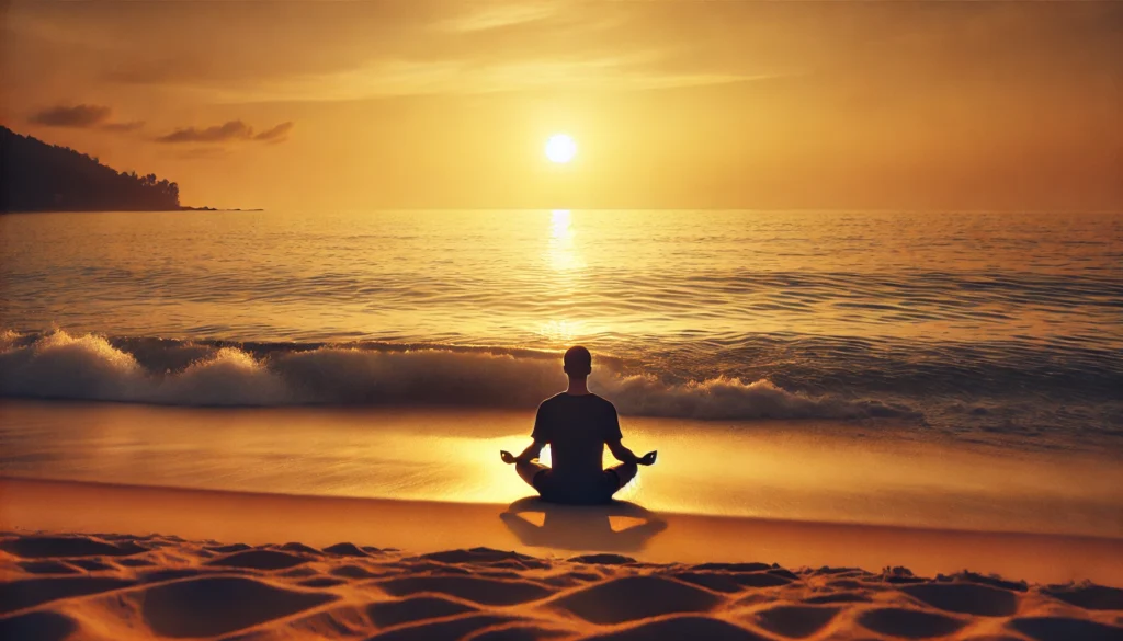 A serene beach at sunset where a person is meditating on the soft sand, with gentle ocean waves touching the shore and golden hues of the setting sun evoking a sense of deep relaxation and mindfulness.