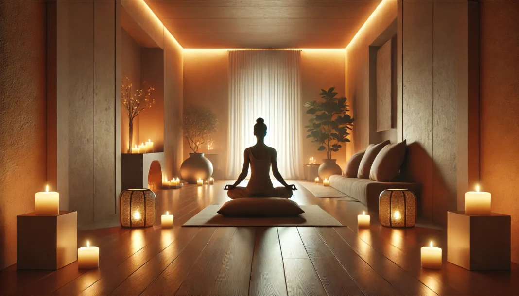 A peaceful meditation scene with a person sitting cross-legged on a cushion in a tranquil indoor space, softly illuminated by candlelight and warm ambient lighting, creating a deep relaxation atmosphere.