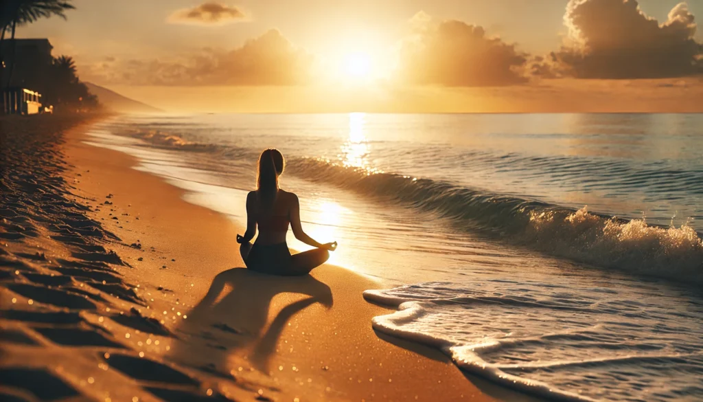 A peaceful beach meditation scene at sunrise, where a person sits in a meditative pose on soft sand. The ocean waves gently roll onto the shore, with golden sunlight reflecting on the water, creating a calming and mindful ambiance.