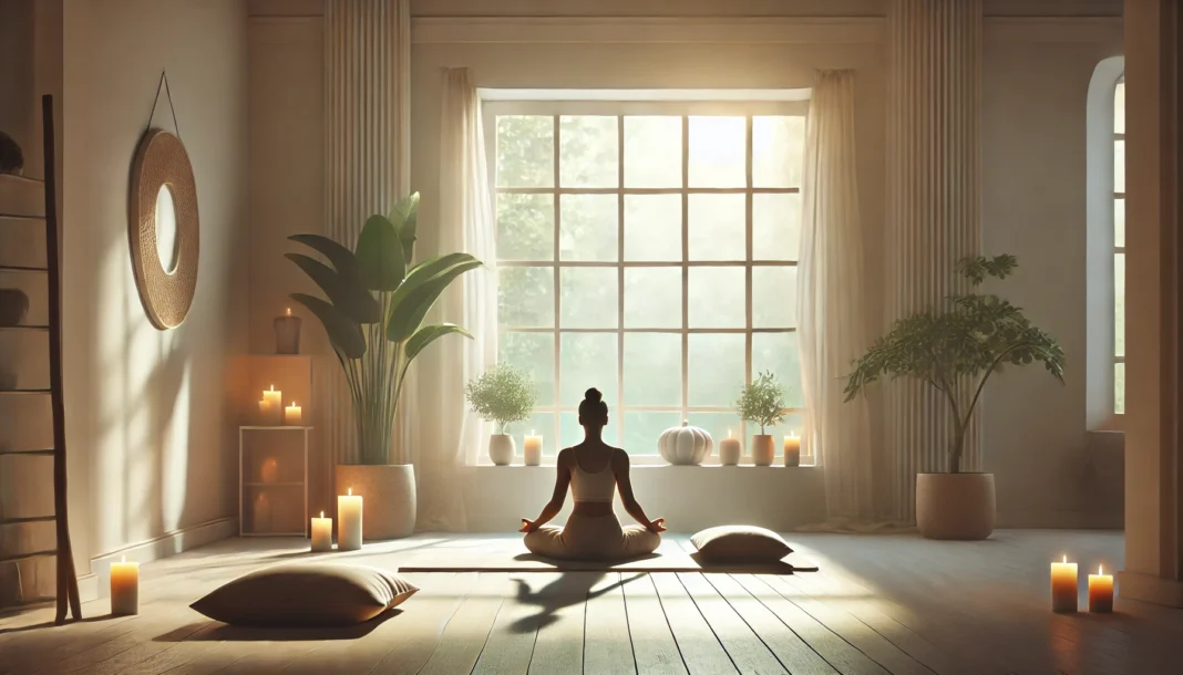 A serene meditation scene with a person sitting cross-legged on a cushion in a tranquil indoor space, illuminated by natural light streaming through a large window, with minimalistic decor, potted plants, and candles creating a peaceful atmosphere.