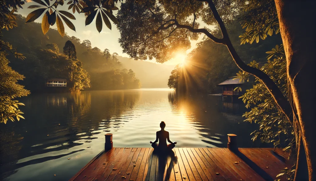 A peaceful outdoor meditation scene with a person sitting in a lotus position on a wooden deck overlooking a calm lake. The setting sun casts a golden glow on the water, surrounded by lush trees and gentle ripples, fostering deep relaxation.