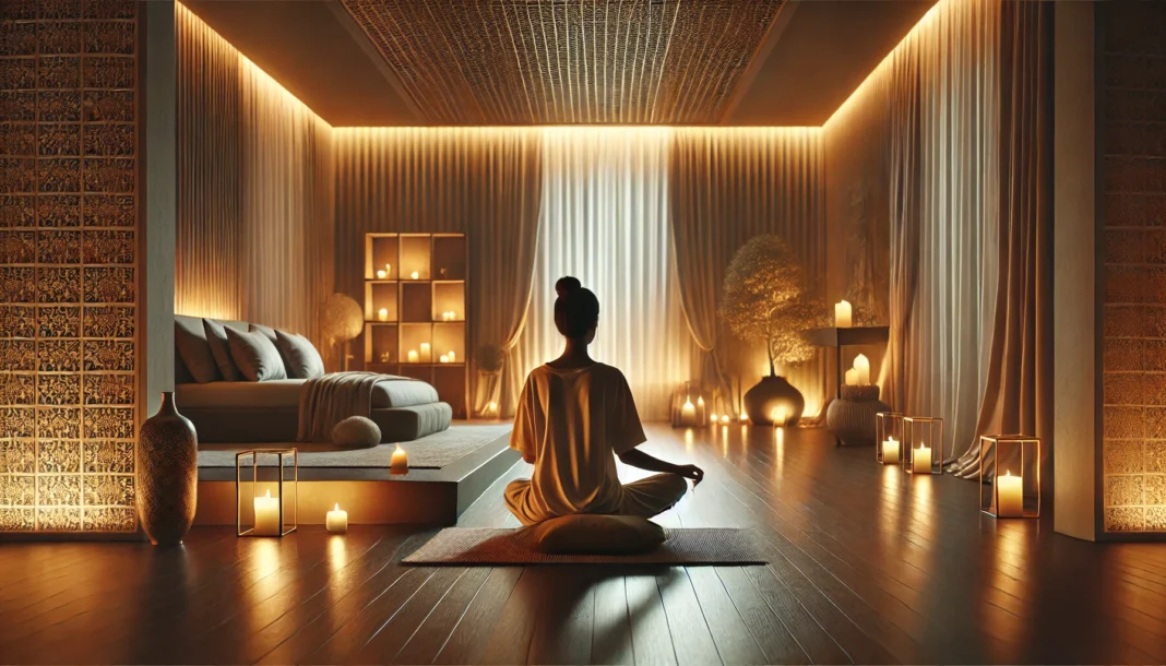 A serene indoor meditation scene featuring a person sitting cross-legged on a cushion in a softly lit room. The room is illuminated by warm candlelight, with minimalist decor, soft drapes, and a gentle water fountain creating a tranquil ambiance for mindfulness and relaxation.