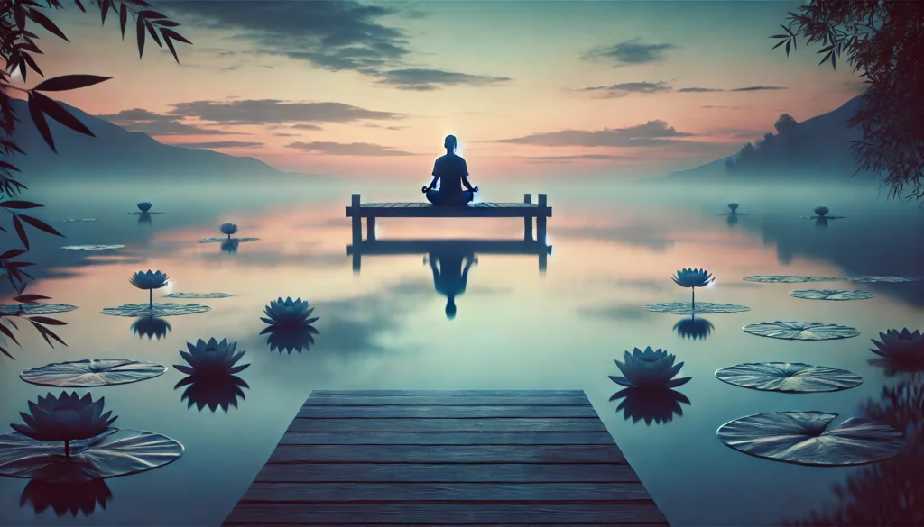 A tranquil lakeside scene at dusk with a person meditating on a wooden dock, reflecting the peaceful hues of the sky and surrounded by floating lotus flowers.