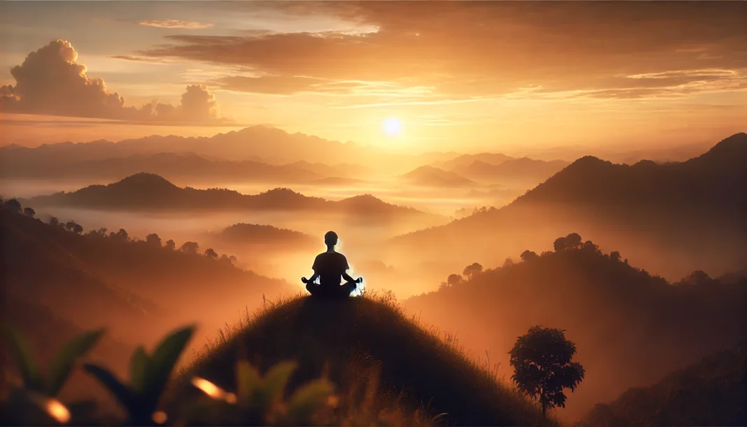 A serene sunrise landscape with a person meditating on a hilltop, enveloped in warm light and misty mountains, symbolizing tranquility and mindfulness.