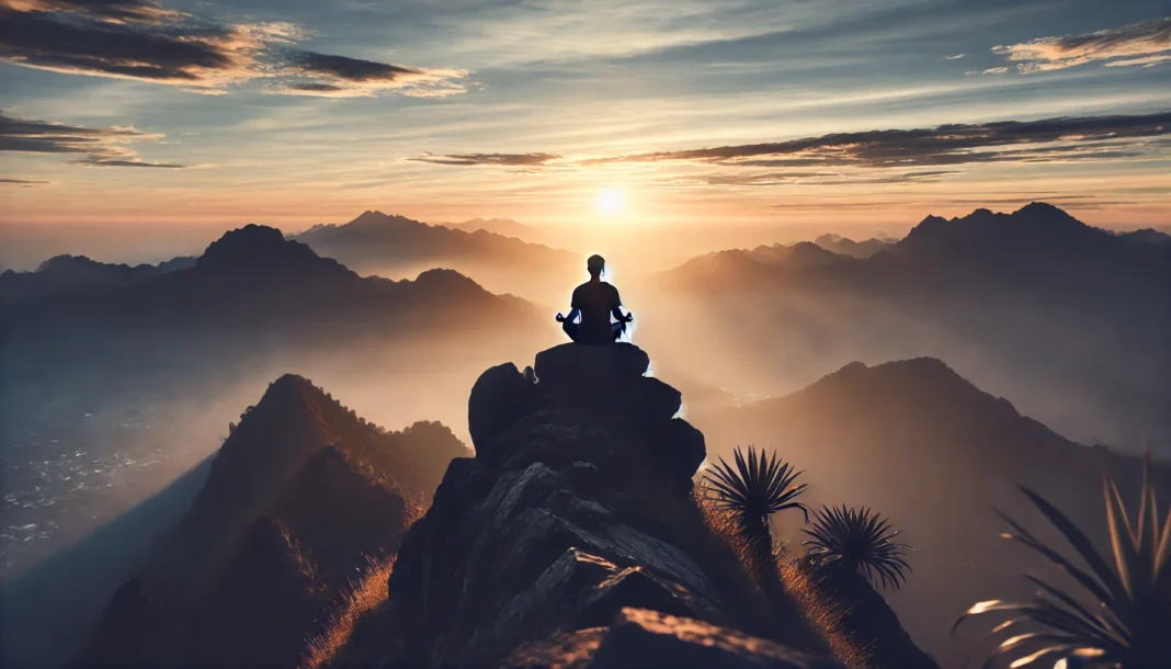 A peaceful sunrise over a mountain range, featuring a person meditating cross-legged on a rocky peak, illuminated by soft morning light, symbolizing deep contemplation and mindfulness.