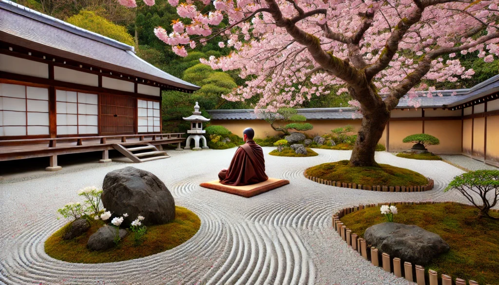 A tranquil Zen garden in Japan, featuring a meditation stone pathway, raked sand, and a monk meditating under a blossoming cherry tree, representing Eastern meditation traditions.