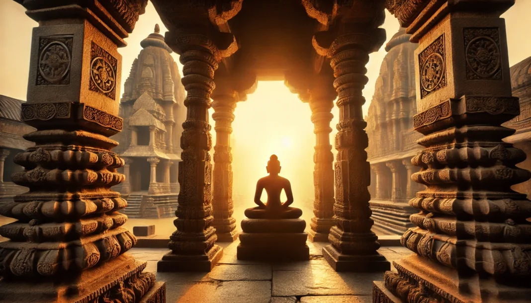 An ancient temple in India at sunrise, where a meditating figure sits peacefully near stone-carved pillars, symbolizing the deep historical roots of meditation and spirituality.