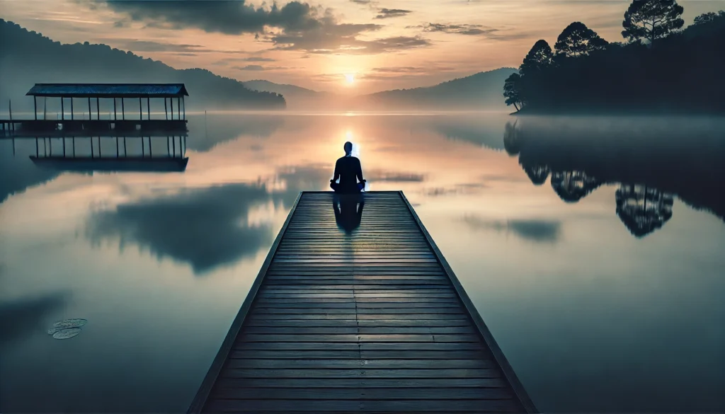 A serene lakeside scene at dawn, where a person meditates on a wooden dock, gazing at the calm water reflecting the soft hues of the sunrise, evoking tranquility and deep awareness.