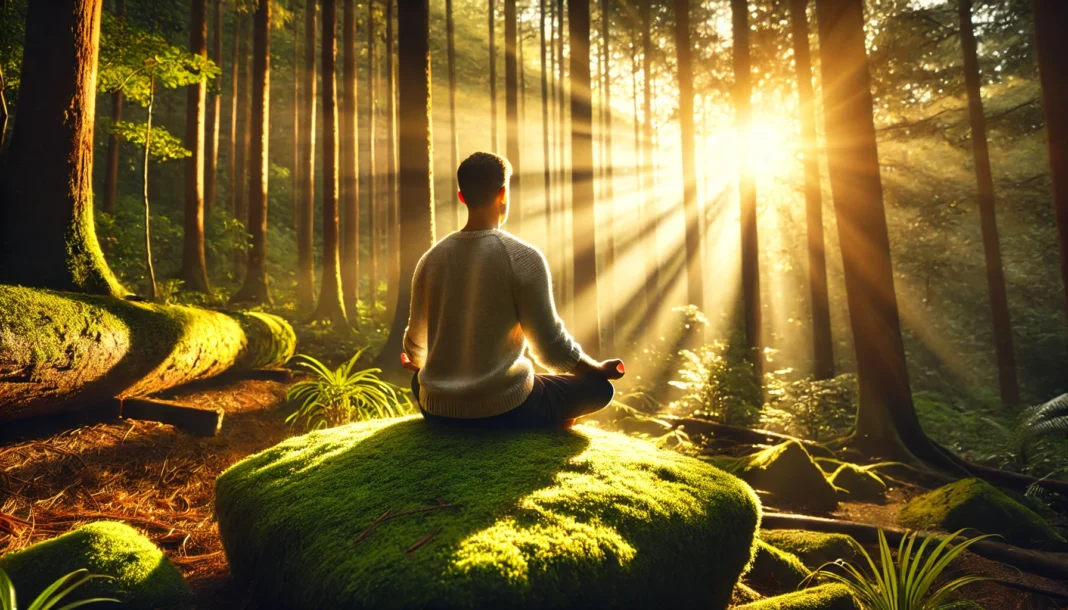 A peaceful morning scene in a sunlit forest, featuring a person sitting cross-legged on a moss-covered rock in deep meditation, with sunlight filtering through the trees, symbolizing mindfulness and inner peace.