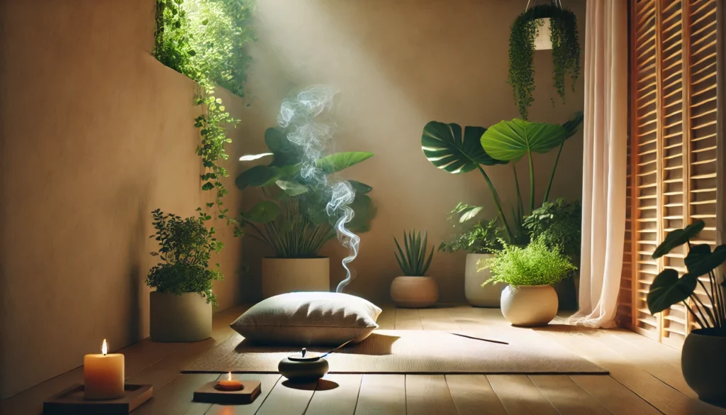 A tranquil indoor meditation space with soft natural lighting, featuring a cozy cushion on a wooden floor surrounded by lush green plants. A small incense burner emits a gentle wisp of smoke, enhancing the peaceful ambiance for daily mindfulness practice.