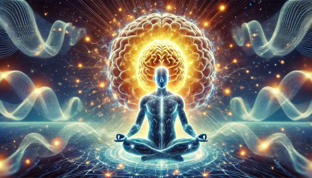 A glowing representation of a human brain in a meditative state, surrounded by radiant energy waves and neural connections, illustrating meditation’s impact on brain function and cognitive well-being.