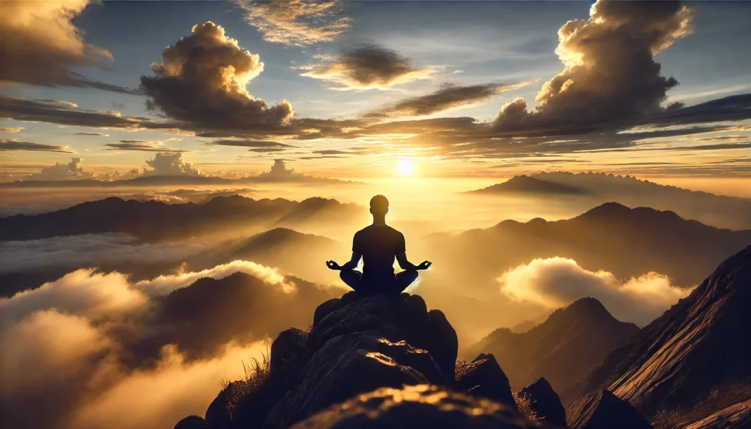 A serene image of a person meditating on a mountain peak at sunrise, surrounded by rolling clouds and golden light, symbolizing inner peace and mindfulness.