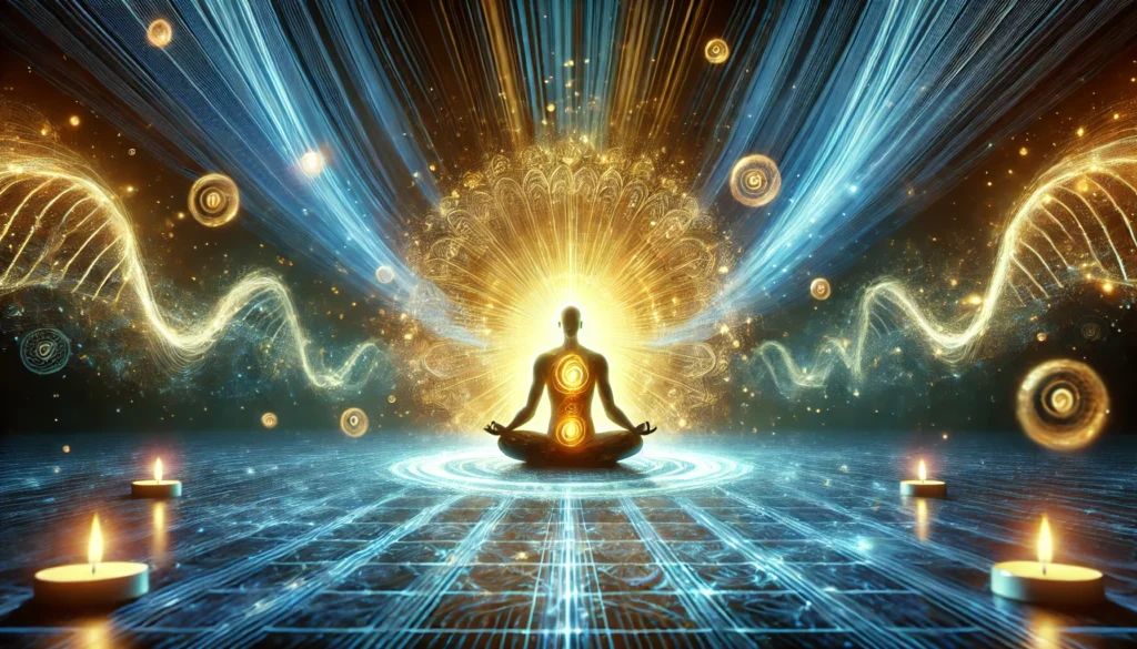 A peaceful meditation scene with a glowing blue and gold energy field surrounding a meditating figure, symbolizing the balance between mindfulness and neurochemical well-being. The atmosphere conveys harmony, focus, and inner transformation.